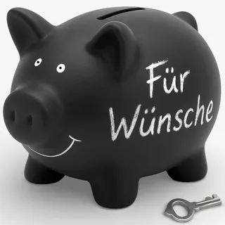 MIJOMA Keramik Sparschwein mit beschreibarer Oberfläche – Inklusive Schloss mit Schlüssel, 17.5x13.5x14.4 cm, Farbe Schwarz matt