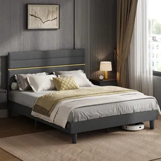 VASAGLE Polsterbett, Bettgestell, Doppelbettgestell, passend für 160 x 200 cm Matratze, verstellbares gepolstertes Kopfteil, Bettrahmen, Metall, Massivholz, modern, schiefergrau RMB505G01