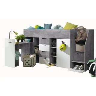 Abiks Möbel Hochbett mit Schreibtisch 90/200 cm , Grau, Weiß , Holz , Nachbildung , 10 Fächer , 4 Schubladen , 90x200 cm , Babymöbel & Kindermöbel, Kinderzimmer & Jugendzimmer, Kinderbetten, Hochbetten