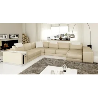 Ecksofa U Form + Hocker Polster Couch Ledersofa JVmoebel - Beige, Weiß