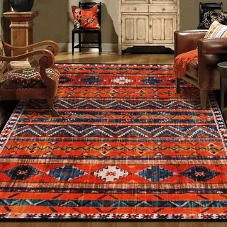 WAHIKASKI Teppich Vintage 150 x 200 cm Kurzflor Teppich, Geometrie-Streifendesign, Tiefes Orangegelb, Waschbar, Super Soft, FüR Schlafzimmer Esszimmer KüChe Eingangsbereich.
