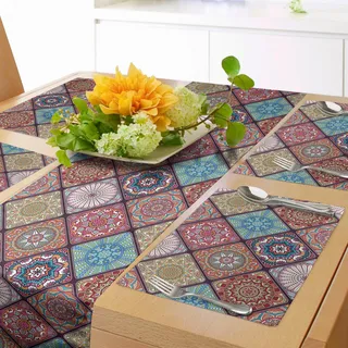 ABAKUHAUS Mandala Tischläufer & 4 Stück Tischsets, Buntes Mosaik-Fliesen-Muster mit abstrakten ethnischen ethnischen Elementen Türkische Kultur, Tischdeko-Set, 180 x 40 cm, Lachs Aqua