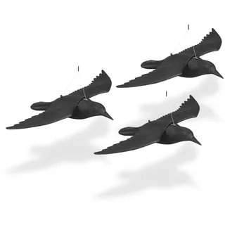 Relaxdays Vogelschreck, 3er Set, zum Aufhängen, Fliegende Kunststoff Krähe, zur Vogelabwehr, Garten & Balkon, schwarz
