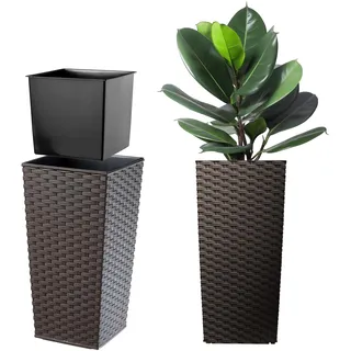 KADAX Pflanzkübel mit Innentopf, Höhe 68cm, Mokka Rattan – Wetterfester Blumentopf für Innen & Außen, ideal für Garten, Balkon & Terrasse, zum Bepflanzen, Dekorieren und als stilvoller Übertopf