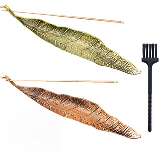 Räucherstäbchenhalter Set 3-teilig, 2X Metall Blätter Räuchergefäß Bronze & Kupfer mit Reinigungsbürste, Eleganter Aschefänger als Yoga Deko & Halter für Räucherstäbchen für Meditation & Zuhause