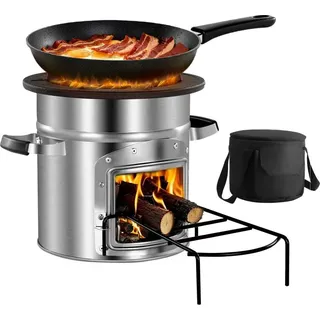 Raketenofen Edelstahl BBQ - Holzofen mit Tragetasche - Verbrennung von Zweigen, Stöcken, Holzkohle - Outdoor Kochen, Camping Kocher, Campinggrill - Einzeltür Modell