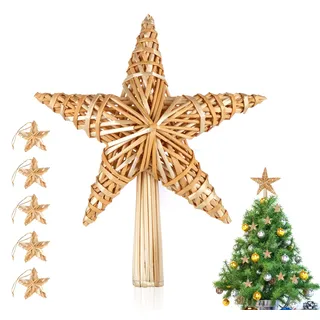 Anstore Weihnachtsbaum Spitze 30 cm Stroh-Baumspitze Natur - Christbaumspitze Stern aus Stroh mit 5 Strohsterne Ø 5 cm - Strohsterne Baumschmuck Christbaumschmuck