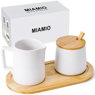 MIAMIO - Milch und Zucker Set mit Deckel und Löffel/Keramik Milchkännchen mit Holz Tablett - Mikrowellen- und Spülmaschinenfest (Weiß)