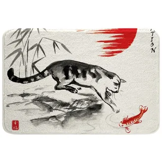 Loussiesd Japanisches Ukiyoe Badteppiche Japanische Katze Koi Badezimmerteppich Badematte 50x80cm für Kinder Jungen Mädchen Tinte Bambus Sonne Exotischer Stil Aquarell Badvorleger