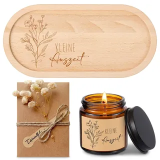 BBTO Kleine Auszeit Geschenk Wellness Geschenke für Frauen Geburtstagsgeschenk, Jasmin Duftkerzen im Glas aus Sojawachs Holz Tablett mit Gravur Kleine Auszeit Geschenkset für Frauen, Lehrerin