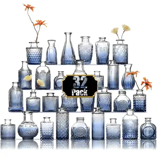 Arme Bud Vasen Set mit 30 Stück, Blaue Vasen für Tafelaufsätze, klare Knospenvase in Großpackung, Mini-Blumen-Vintagevasen für Tafelaufsätze, kleine Glasvasen für Hochzeitsdekoration,