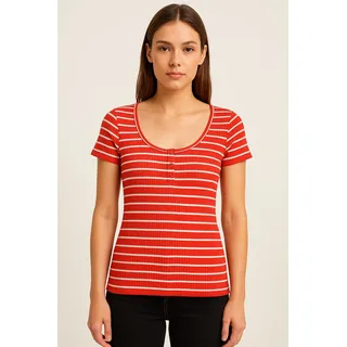 T-Shirt VERO MODA "VMSEA SS HENLEY TOP JRS", Damen, Gr. M, weiß (fiery rot stripes:snow weiß), Jersey, Obermaterial: 93% Baumwolle, 7% Elasthan, gestreift, slim fit normal, U-Boot-Ausschnitt, Shirts T-Shirt