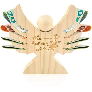 GreenYeah Holzengel mit Gravur zur Taufe, Personalisierter Schutzengel zur Kommunion, Schutzengel Kommunion Jungen Holz Taufgeschenk, Verpackung für Geldgeschenke, Holzfiguren Deko