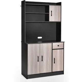 COSTWAY 180 cm hoher Küchenschrank mit integrierter Ladestation, Buffet-Sideboard mit Aufsatz, Arbeitsplatte, Schublade, 4 verstellbaren Regalen - Schwarz, Braun