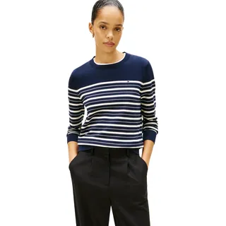 Tommy Hilfiger Damen CO Jersey FINE GG LS C-NK SWT WW0WW44984 Pullover Sweater, Blau (Dark Night Navy/Calico Multi STP), L, Blau (Dark Night Navy/Calico Multi STP), L