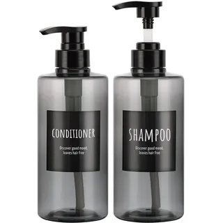Segbeauty 2 Stück Leere Shampoo-Flaschen, 500ml Grau Seifenspender mit Etiketten, 16.9oz Nachfüllbare Shampoo-Dusch-Pumpflaschen, 500ml Leerer Plastikpresse Conditioner Lotionsspender