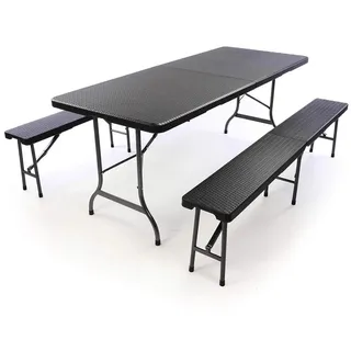 Bierzeltgarnitur 180 cm, 1 Tisch 2 Bänke - Klapptisch-Set für außen - Klappbar - Eisenrahmen - PVC-Oberfläche - Für bis zu 8 Personen - Rechteckig - Schwarz - Schwarz