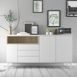 Dmora - Kommode Madeleine, Wohnzimmerbuffet, Wohnzimmer-Sideboard, Moderne Küchen-Speisekammer, 176x48 h90 cm, Weiß und Eiche