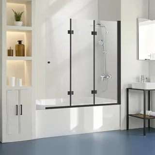 Vevor Badewannen Duschtür (1295 x 1422 mm/B x H) rahmenlose, klappbare Duschtür mit Scharnier, dreifach gefaltete Duschglastür mit 180° drehbares Design, für Badewanne, schwarz