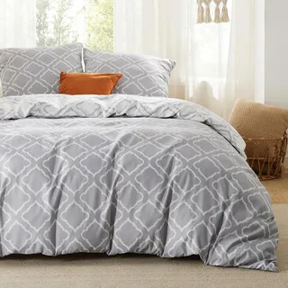 BEDSURE Bettwäsche 155x220 3teilig Bettbezug - Bettwäsche-Sets 155 x 220 cm mit 2 Kissenbezüge 80x80 cm, ÖKO-TEX Wendebettwäsche Bedding Gitter Grau Muster für Einzelbett mit Reißverschluss