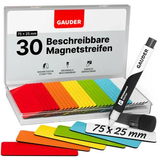 GAUDER Magnetstreifen beschreibbar | Magnetschilder zum Beschriften | Magnetkarten für Kanban Board, Whiteboard & Tafel (75 x 25 mm)