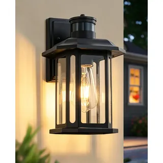 FTL Außenlampe mit Bewegungsmelder, 3 Beleuchtungsmodi Wandleuchte Außen, E27 Ausenbeleutung Hauswand für Haus, LED Außenwandleuchte Laterne Dämmerungssensor für Veranda Eingangstür, Mattschwarz, IP44