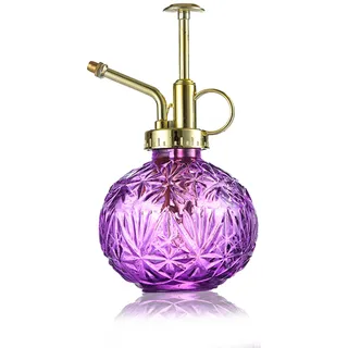 KoGiio Pflanzen Glas Sprühflasche, 240ml Retro Relief Pflanzensprüher mit Pumpe, Blumen Zerstäuber Drucksprüher für Balkon Kleiner Gartenpflanzen Indoor Haus Oder Büro Lila + Goldener Sprühkopf