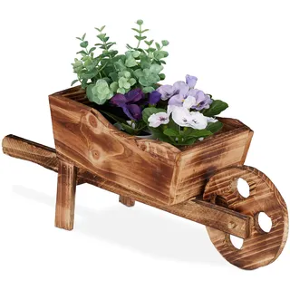 Relaxdays Pflanzschubkarre, gebranntes Holz, Gartendeko, Vintage Design, zum Bepflanzen, HxBxT: 19 x 47 x 15 cm, natur