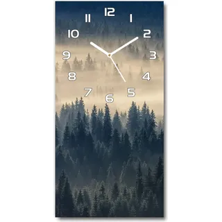 Wanduhr aus Glas – 30x60 cm - Glasbild - Glasuhr - Gehärtetes Glas -Nebel über dem Wald - Grau