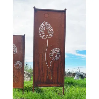 Edelrost Sichtschutz Monstera Blätter Motiv 162 cm x 53 cm Paravent zum Stecken Gartenstecker Edelrost Gartendeko Wetterfest Rost Metall Zaun