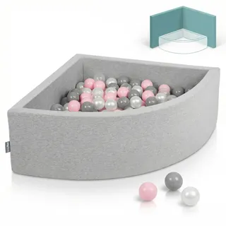 KiddyMoon Eckiges Viertel Bällebad 90x30cm mit 200 Bälle 7 cm Schaumstoff Bällepool für Baby und Kleinkinder - Hellgrau: Perle Grau Transparent Puderrosa