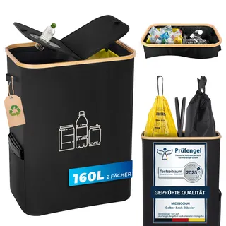 MidingChai 160L Gelber Sack Ständer + Pfandflaschen Sammelbehälter 2-in-1,Für 60L-120L Gelber Sack,Gelber Sack Mülleimer mit Deckel, Müllsystem für Küche & Haushalt - Schwarz