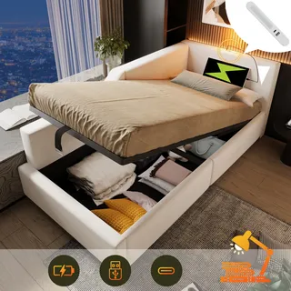okwish Schlafsofas Tagesbett 90x200cm mit hydraulischem Stauraum, Leselichtfunktion und USB-C-Ladefunktion, Polsterbett Kinderbett Jugendbett Bettgestell mit Lattenrost, Samt Beige - Beige