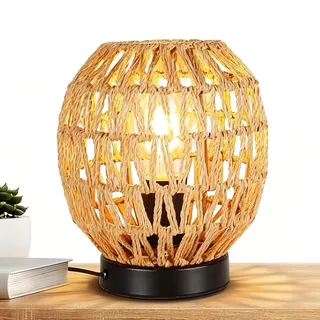 GOMETY LED Tischlampe Rattan, Boho Nachttischlampe, Rattan Schreibtischlampe Mit Eisensockel, E27 Schreibtischlampe Retro, Handgewebte Lampenschirme für Schlafzimmer Esszimmer Hochzeit Party Drinnen
