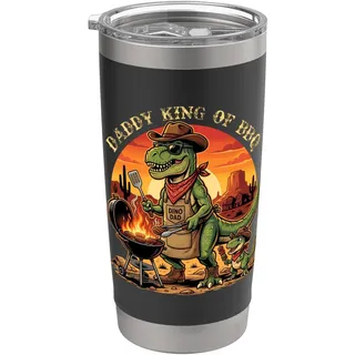Lustiger T-Rex-Dinosaurier für Herren, Aufschrift "Daddy King Of BBQ", Vatertag Doppelwandiger Edelstahl-Thermobecher