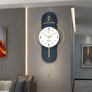 GERHWASH Große Moderne Wanduhr ohne Tickgeräusche - 42x84cm Designerstück in blau | Metall-Wanduhr mit pendel für Wohnzimmer & Moderne Räume