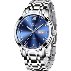 Bild Herren-Armbanduhr, modisch, Sport, wasserdicht, analog, Quarz, Uhren mit Edelstahl, Business-Armbanduhr, blau, Armband