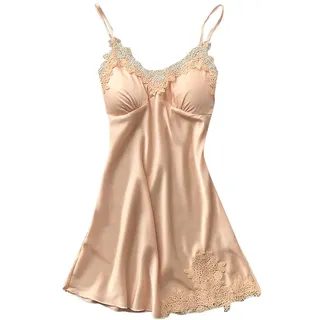Generisch Damen Pyjama Sommer Satin Nachthemd Kurz Sexy Babydoll V Ausschnitt Spitze Nachtkleid Seide Slip Negligee Nachtwäsche