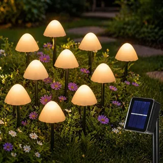 Festive Lights 10 LED Solar Pilze warmweiß Pilz Solarlampen für Außen Deko Pilzlampe Gartendeko Gartenleuchte Balkon Solarleuchten Solarstecker Wetterfest Solar Wegeleuchten
