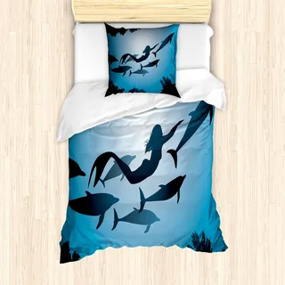 ABAKUHAUS Unterwasser- Mantele, Meerjungfrau und Delphine, Milbensicher Allergiker geeignet mit Kissenbezügen, 135 cm x 200 cm - 80 x 80 cm, Blau Schwarz Petrol Blau - Blau