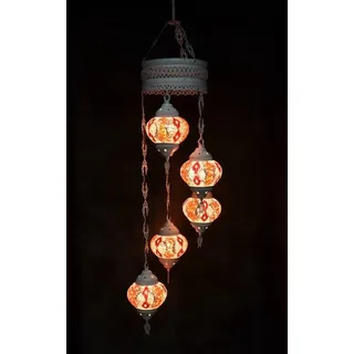 Hanglamp mit 5 bunten Mosaik-Glaskugeln in Rosa, orientalische marokkanische Deckenleuchte, 120 cm lang - Beige, Rosa