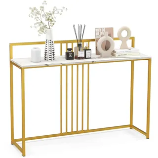 FANTASK Konsolentisch Marmor, Beistelltisch Schmal mit Gold Metallgestell, Multifunktionaler Flurtisch für Wohnzimmer Flur, 120 x 32,5 x 88cm (Weiß)