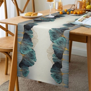 Tischläufer Modern Wohnzimmer Dekor Tischdecke Blau Grün Petrol Gold Ginkgo Biloba Vintage Muster Tischläufer Küche Esstisch Tabletop Dekor Tischdecke für Esszimmer Dekoration Tischdeko 33x183cm