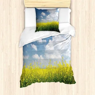 ABAKUHAUS Landhaus Bettbezug Set, Blumenwiese Blühendes Rapssamen Feld und Bewölkter Himmel, 135 x 200 cm + 80 x 80 cm, Gelb Grün Blau