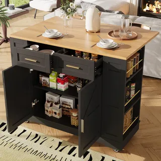 okwish Moderner Speisewagen Kücheninsel mit Holzmaserung und mit ausziehbaren Funktionsschränken,Multifunktionaler Küchenschrank mit Rädern,Schwarz - Schwarz