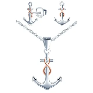 Yumilok Damen Halskette Damen Ohrringe 925 Sterling Silber Rosegold Forever Love Frauen Ohrstecker Anker mit Anhänger Schmuckset für Damen
