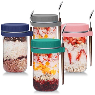 UHAPEER Glas Müslibecher to go mit Deckel und Löffel, 4er Set joghurtbecher to go mit Deckel und Löffel, 600ml Einmachgläser Overnight Oats Gläser, Salatbecher für Jogurt, Porridge, Cornflakes, Muesli