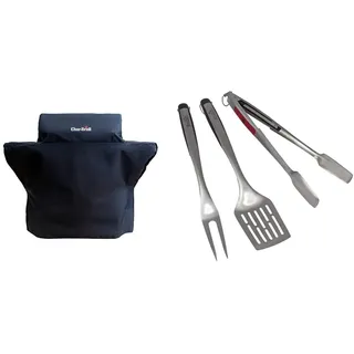 Char-Broil 140004 - Premium Wetterschutzhaube für 3-Brenner-Grills & 140 767 - Comfort Grip 3-teiliges Grillbesteck, Edelstahl.