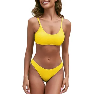 Fanuerg, Geripptes Damen-Bikini-Set, U-Ausschnitt, frecher Badeanzug, strukturiert, Zweiteiliger Badeanzug, gelb, XL