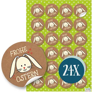Aufkleber Frohe Ostern, 24 Stück: Ostersticker Osterhase, Osteraufkleber mit Schriftzug, Sticker Kraftpapier Hase, Geschenkaufkleber Tüten, Osterhasensticker mit Schrift, Osteretiketten Rund, ⌀ 4 cm